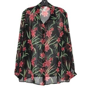 JM Collection Top Sheer Floral Tropical Resort Coastal Grandma Button Black 16W